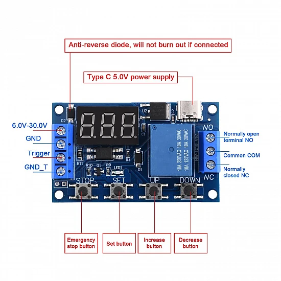 Type-C 5V-30V Delay Relay Module - Cyclical Timing Circuit Switch with Power-Off Delay