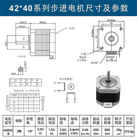 NEMA 17 Stepper Motor 42x40mm 1.5A 0.40Nm A0022-B